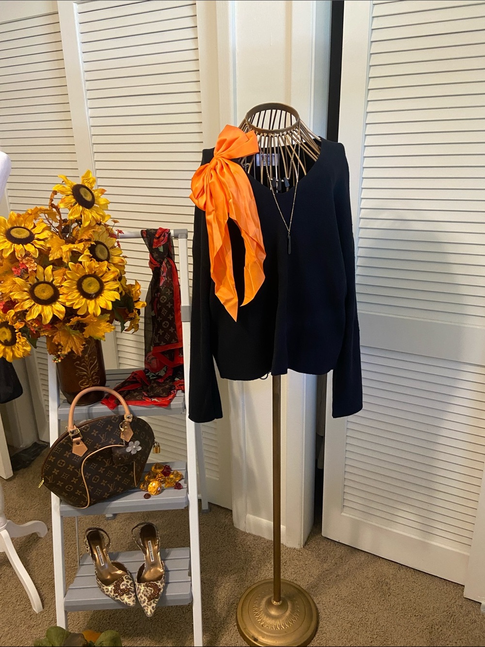 Old Navy Black V-Neck Sweater with Bright Orange Scarf
